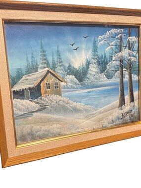 Winter Cabin Landscape Signed Painting Wall Art - Blue Snow Scene 16”x13”